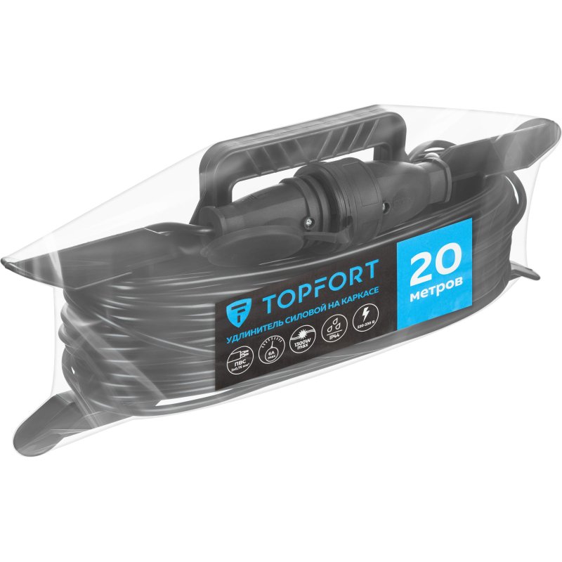 превью Удлинитель Topfort каркас ПВС 2×0.75 кв. мм 20м 6А 1 гнездо б/з., с/заг., IP44