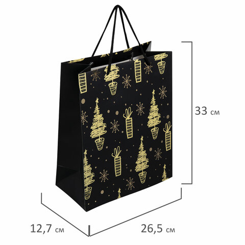Пакет подарочный (1 штука) новогодний 26×13x32 см, ЗОЛОТАЯ СКАЗКА «Black&Gold», фольга, чёрный