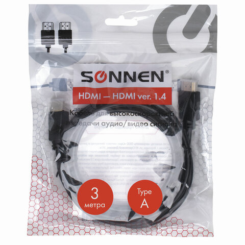 Кабель HDMI AM-AM, 3 м, SONNEN, для передачи цифрового аудио-видео, черный