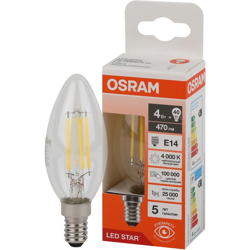 Лампа светодиодная OSRAM LS CLB40 4W/840 230VFILCL E14 FS1