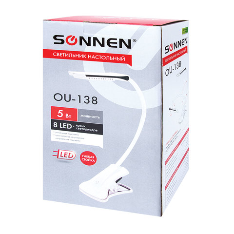 Светильник настольный SONNEN OU-138, на прищепке, светодиодный, 5 Вт, белый