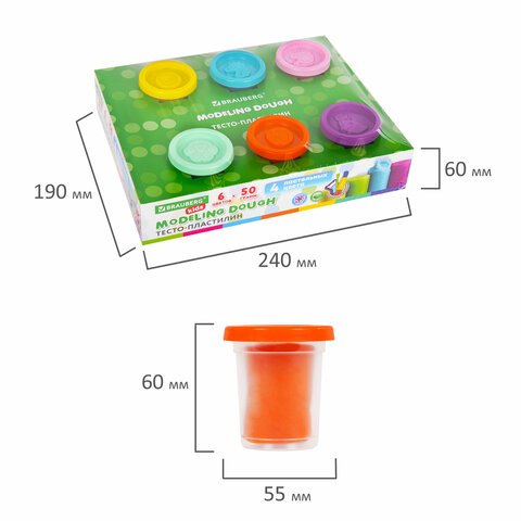 Пластилин-тесто для лепки BRAUBERG KIDS, 6 цветов, 300, 10 формочек, шприц, стек, крышки-штампики