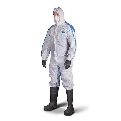 Комбинезон одноразовый с капюшоном белый/синий Lakeland MicroMAX NS CoolSuit (размер 50-54, L, EMNC428)