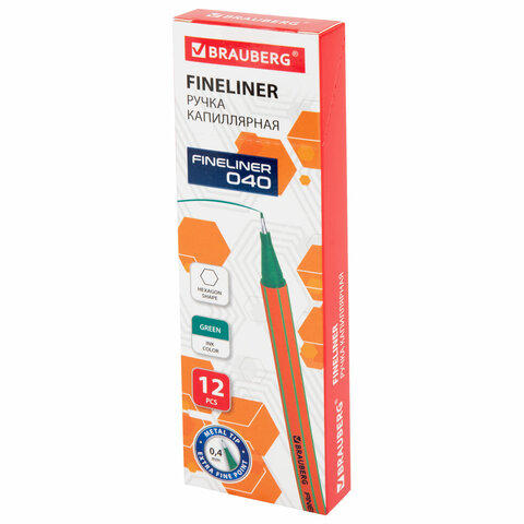 Ручка капиллярная (линер) ЗЕЛЕНАЯBRAUBERG «FINE 040»шестиграннаялиния письма 0.4 мм144144