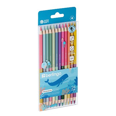Карандаши цветные пастельные двусторонние Berlingo «SuperSoft. Pastel», 24цв., 12шт., заточен., европодвес