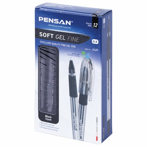 Ручка гелевая с грипом PENSAN «Soft Gel Fine», ЧЕРНАЯ, игольчатый узел 0.5 мм, линия 0.4 мм, 2420/12