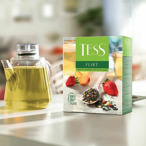 Чай TESS (Тесс) «Flirt», зеленый с клубникой и персиком, 100 пакетиков по 1.5 г