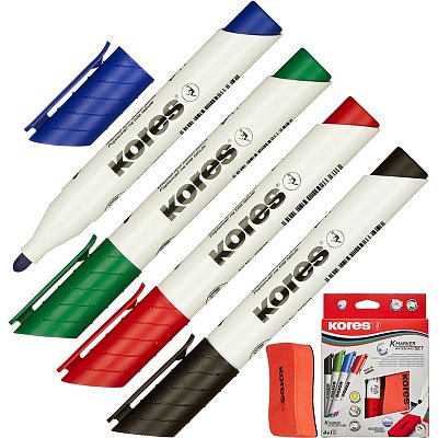 Набор маркеров для досок Kores 20863 с губкой, 3 мм, 4 шт.