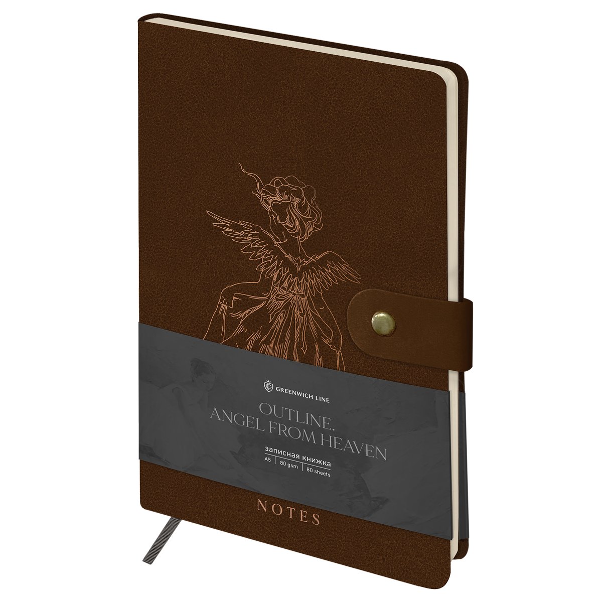 превью Записная книжка А5 80 л., ЛАЙТ, кожзам, Greenwich Line «Outline. Angel from heaven», с замком, тиснение фольгой, внутренний карман, блок в точку
