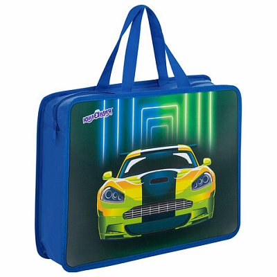 Папка на молнии с ручками ЮНЛАНДИЯ А4, 1 отделение, пластик, 80 мм, «Neon car»