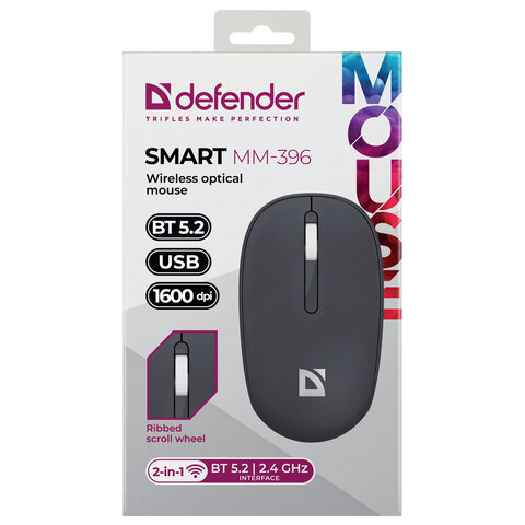 Мышь беспроводная DEFENDER Smart MM-396, 1600 dpi, 2 кнопки + 1 колесо-кнопка, оптическая, черная