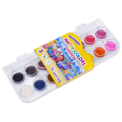 Краски акварельные ЮНЛАНДИЯ «ДОМИКИ» 16 цветов, круглые кюветы 23 мм, пенал