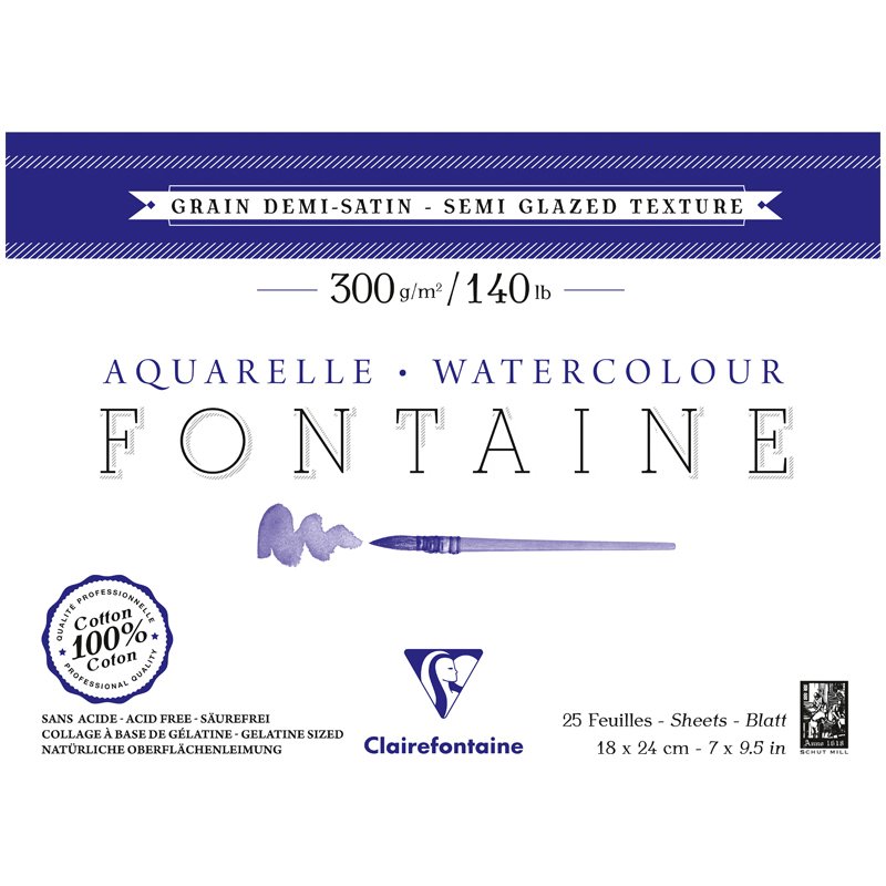 превью Альбом для акварели 25л., 18×24, на склейке Clairefontaine «Fontaine Demi-satiné», 300г/м2, горяч. пресс, полу-сатин