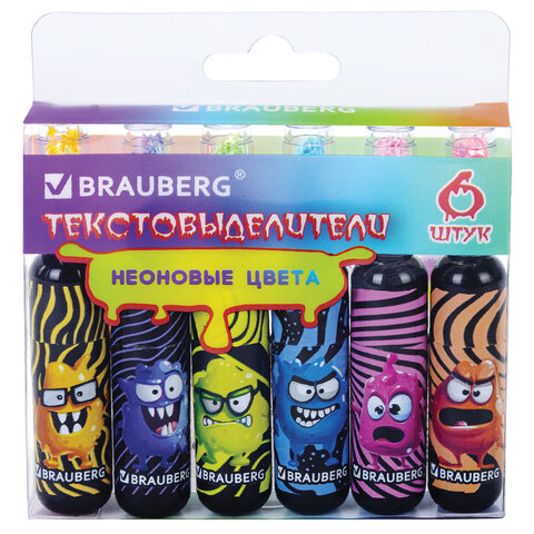 Набор текстовыделителей 6 НЕОНОВЫХ ЦВЕТОВ, кросс-серия МОНСТРИКИ, линия 1-5 мм, BRAUBERG