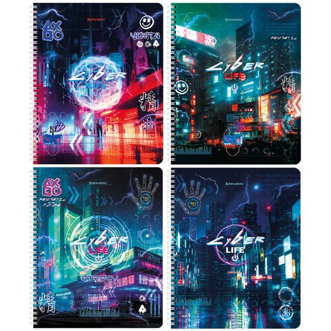 Тетради ДЭК А5 48 л. КОМПЛЕКТ 4 шт., BRAUBERG, гребень, клетка, глянцевый лак, «Киберпанк»