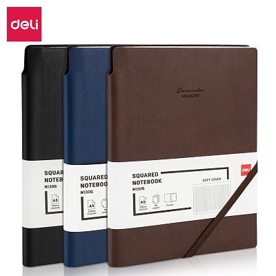 Блокнот Deli А5 96л 80 г/м, мягкая обложка, клетка 5×5 мм синий кожа EN130G