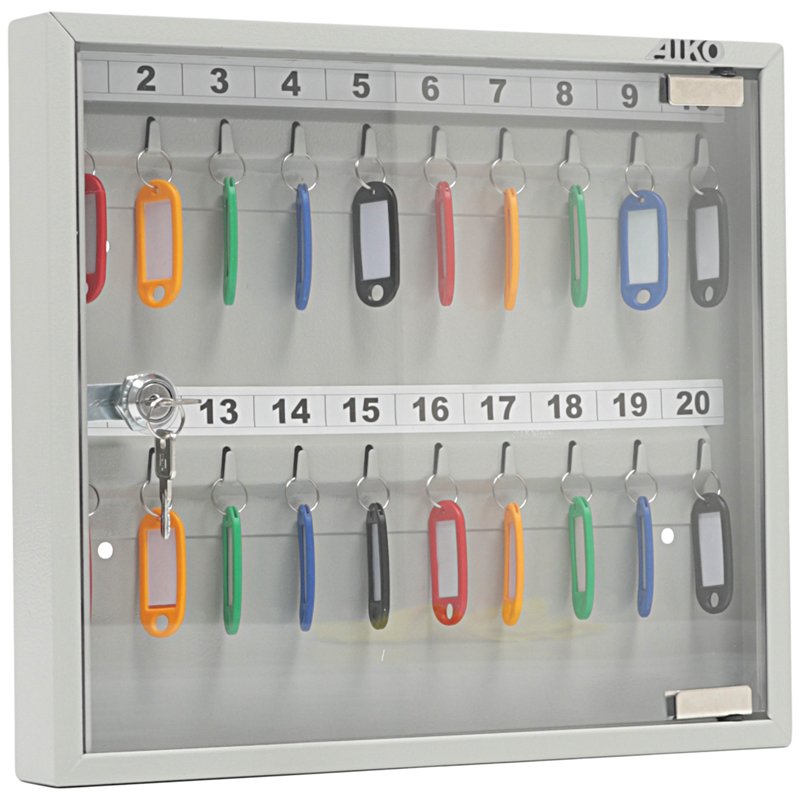 превью Ключница Aiko Key-20G на 20 ключей, 302×367×40мм, ключевой замок, металл, серый, стекл. дверца, с брелоками