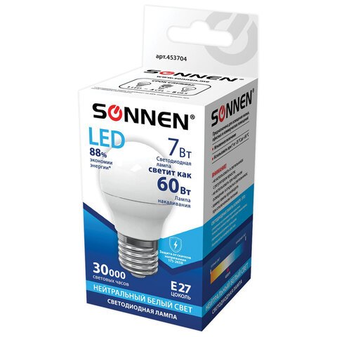 Лампа светодиодная SONNEN, 7 (60) Вт, цоколь E27, шар, холодный белый свет, LED G45-7W-4000-E27