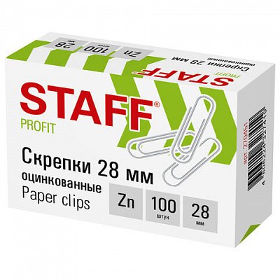 Скрепки STAFF, 28 мм, оцинкованные, 100 шт., в картонной коробке