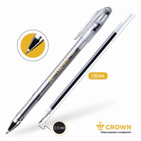 Ручка гелевая CROWN «Hi-Jell», ЧЕРНАЯ, корпус прозрачный, узел 0.5 мм, линия письма 0.35 мм