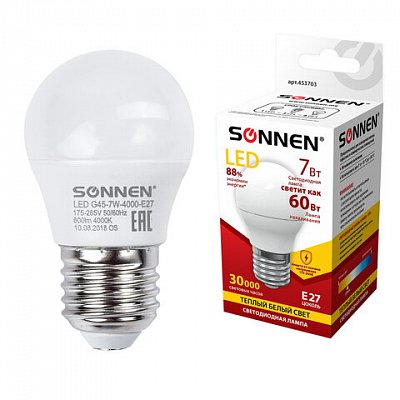 Лампа светодиодная SONNEN, 7 (60) Вт, цоколь E27, шар, теплый белый свет, LED G45-7W-2700-E27