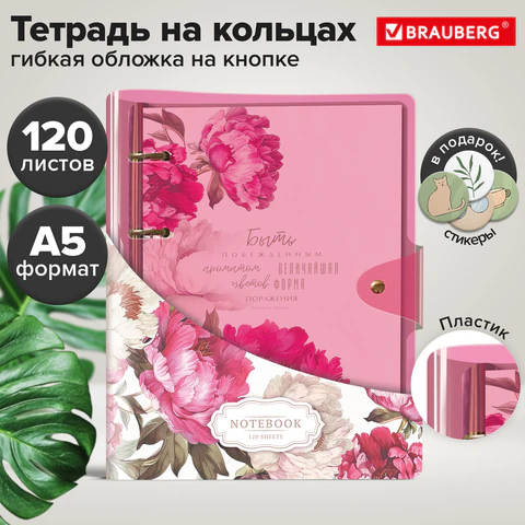 Тетрадь на кольцах А5, 180×220 мм, 120 л., неоновый пластик, клапан, BRAUBERG, розовый