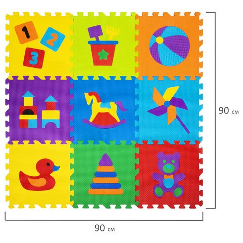 Коврик-пазл напольный 0.9×0.9 м, мягкий, «Игрушки», 9 частей 30×30 см, толщина 1 см, ЮНЛАНДИЯ, 646668