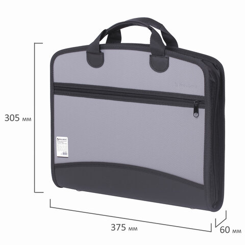 Портфель-сумка пластиковый BRAUBERG А4+ (375×305×60 мм), 4 отделения, 2 кармана, серый, 228685