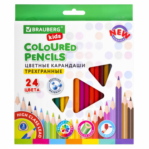 Карандаши цветные BRAUBERG KIDS NEW, 24 цвета, трехгранные, грифель 3 мм