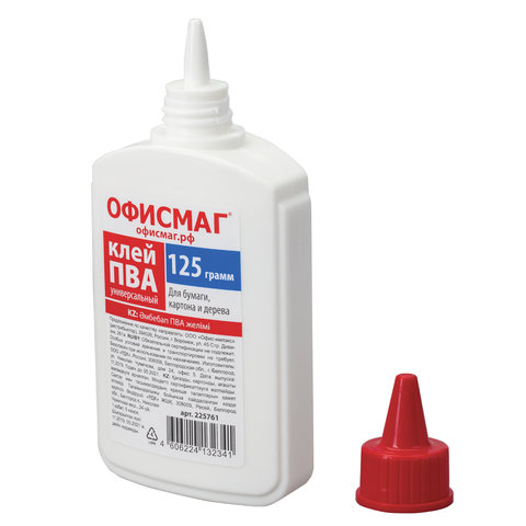Клей ПВА ОФИСМАГ (бумага, картон, дерево), 125 г, РОССИЯ