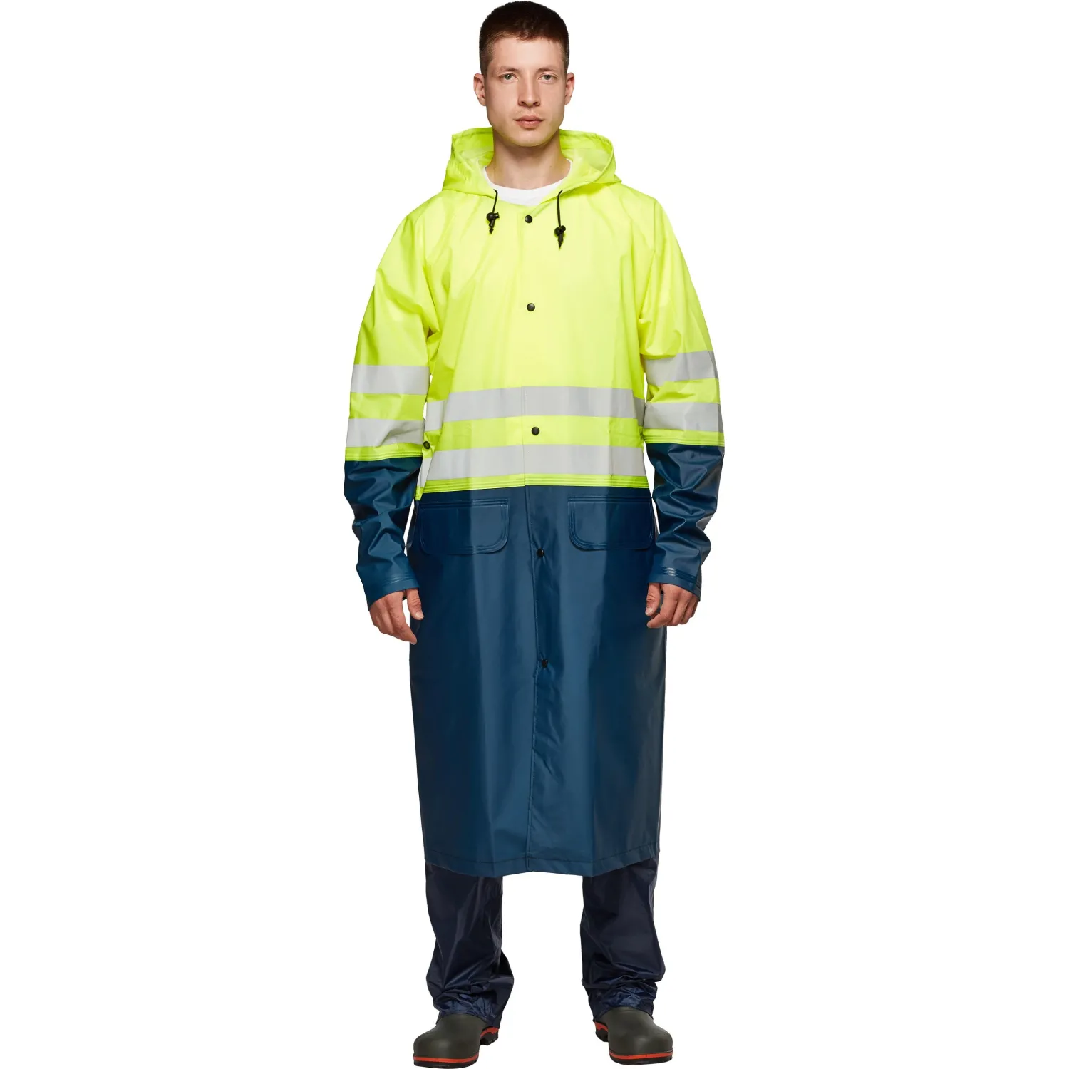 Плащ сигнальный влагозащитный полиэфир с ПВХ покрытием на кнопках лимонный/тёмно-синий с СОП (размер 48-50, рост 182-188)