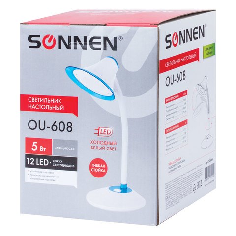 Светильник настольный SONNEN OU-608, на подставке, светодиодный, 5 Вт, белый/синий