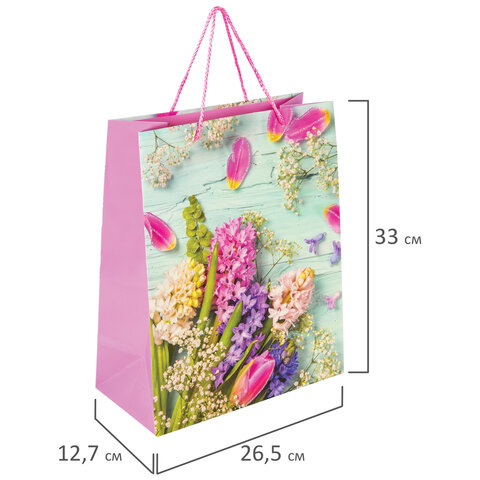 Пакет подарочный 26.5×12.7×33 см ЗОЛОТАЯ СКАЗКА «Spring Flowers», глиттер, розовый с голубым