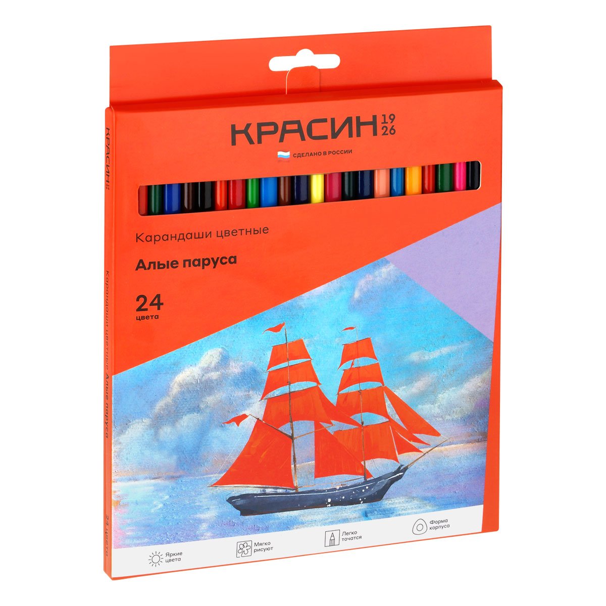 Карандаши цветные Красин «Алые Паруса», 24цв., трехгран., заточен., картон, европодвес