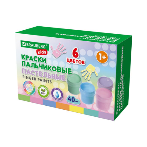 Краски пальчиковые пастельные для малышей от 1 года6 цветов по 40 млBRAUBERG KIDS,192398