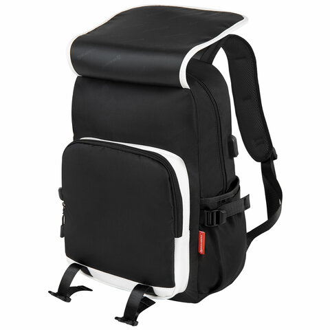 Рюкзак BRAUBERG FUSION универсальный, USB-порт, черный с белыми вставками, 45×31х15 см