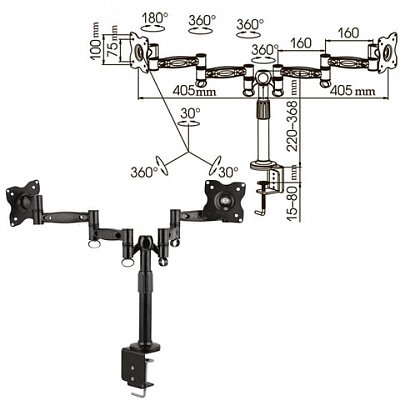 Кронштейн для 2 мониторов настольный KROMAX OFFICE-3, VESA 75/100, 10"-24", до 2×10 кг, 7 ст.свободы