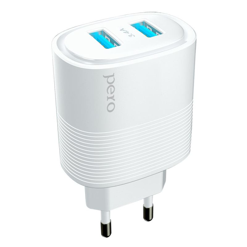 Зарядное устройство сетевое PERO TC08 AUTO MAX 2USB 3.4А белый