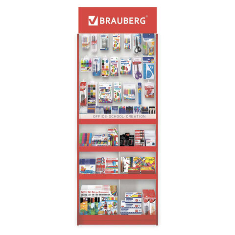 Стойка для размещения товара напольная усиленная BRAUBERG, 210×78х40 см, 4 полки, 30 ячеек, 21 крючок