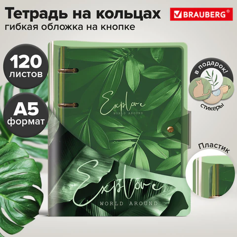 Тетрадь на кольцах А5, 180×220 мм, 120 л., неоновый пластик, клапан, BRAUBERG, зеленый