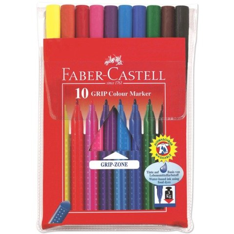 Фломастеры FABER-CASTELL «Grip», 10 цветов, трехгранные, смываемые, ПВХ упаковка