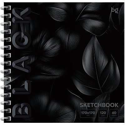 Скетчбук 40л., 170×170 BG «Black. Leaves», на гребне, soft tuch, выборочный лак, 120г/м2