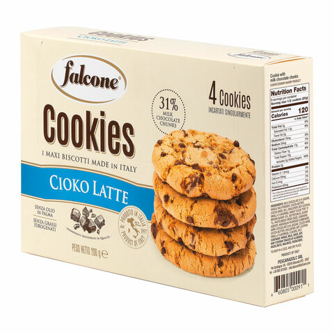 Печенье в индивидуальной упаковке сахарное FALCONE «Cookies» с молочным шоколадом, 200 г, ИТАЛИЯ