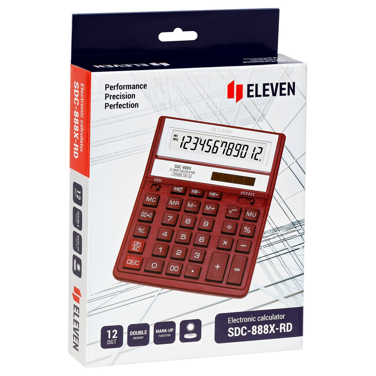 Калькулятор настольный Eleven SDC-888X-RD, 12 разрядов, двойное питание, 158×203×31мм, красный