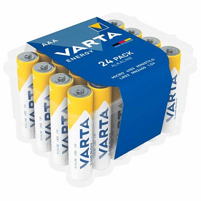Батарейки алкалиновые «мизинчиковые» КОМПЛЕКТ 24 шт., VARTA ENERGY, ААА (LR03.15А), пластиковый бокс