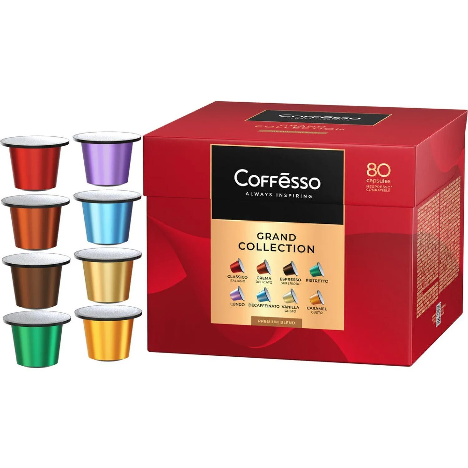 превью Кофе в капсулах для кофемашин Coffesso Classico Italiano/Crema Delicato/Espresso Superiore/Lungo/Ristretto/Decaffeinato/Vanilla/Caramel (80 штук в упаковке)