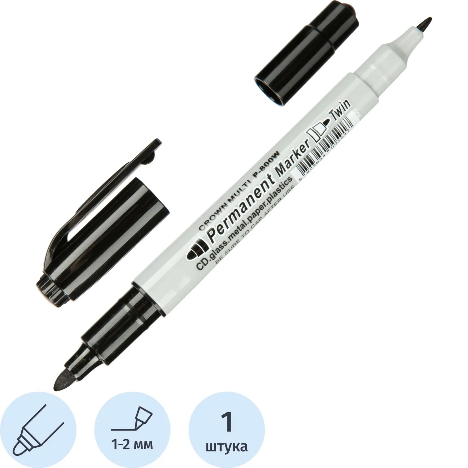 Маркер перманентный Crown Multi Marker Twin двусторонний чёрный круглый/игольчатый наконечник (толщина линии 1-2 мм)