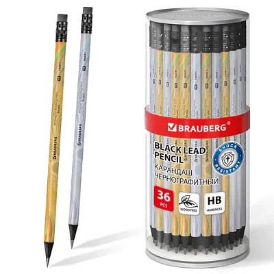 Карандаш чернографитный BRAUBERG «SILVER/GOLD», 1 шт., HB, с ластиком, корпус ассорти
