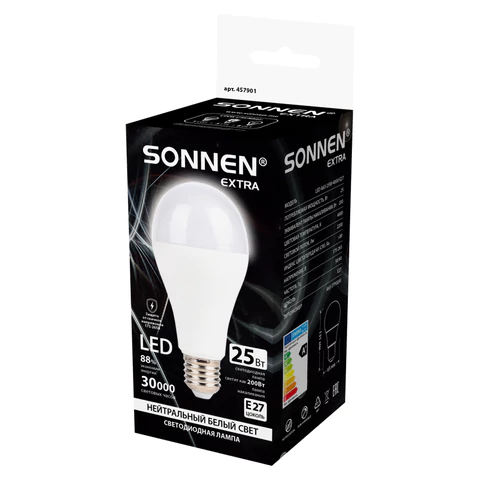 Лампа светодиодная SONNEN EXTRA, 25 (200) Вт, Е27, груша, нейтральный белый, 30000 ч, LED A65-25W-4000-Е27