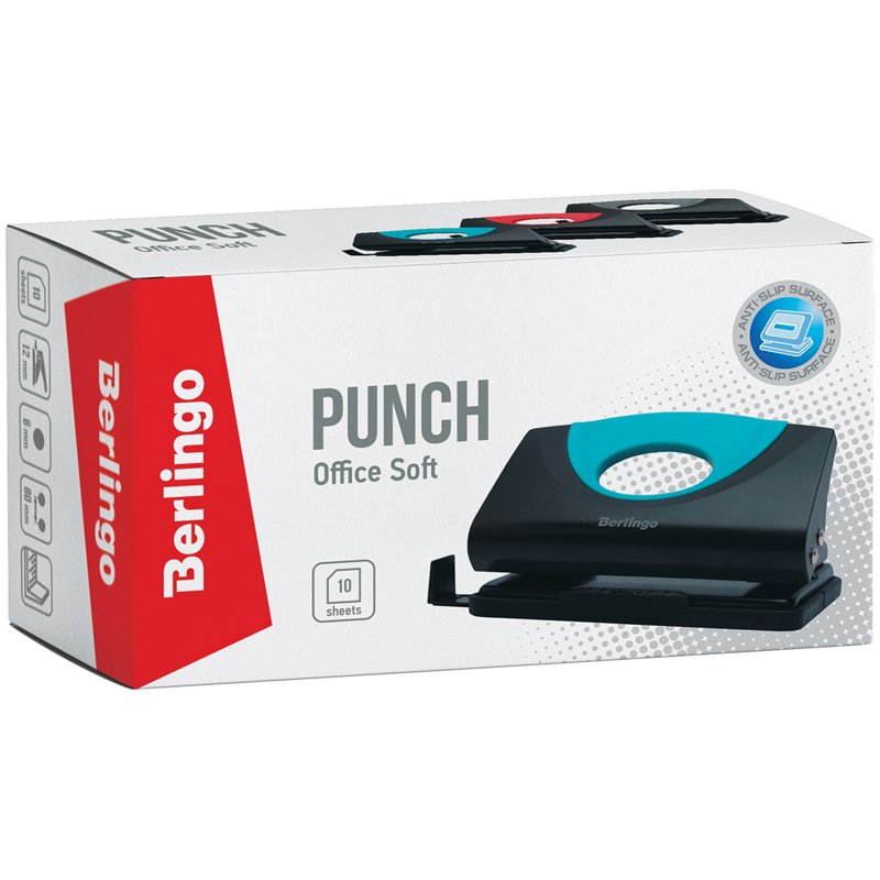 Дырокол Berlingo «Office Soft» 10л., пластиковый, синий, с линейкой